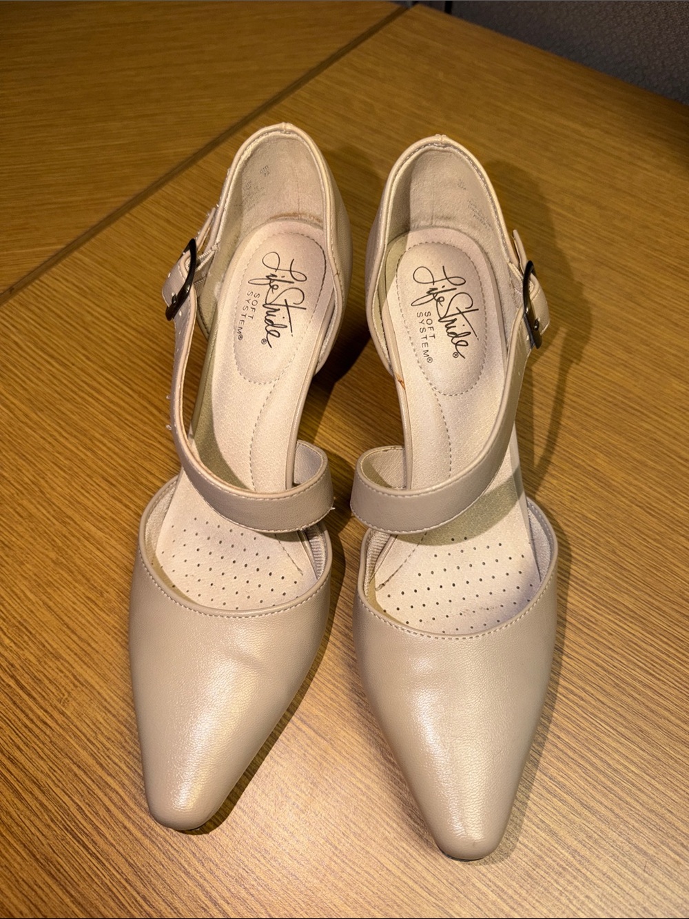 Life Stride Beige Pointed-Toe Mary Jane Heels with Strap